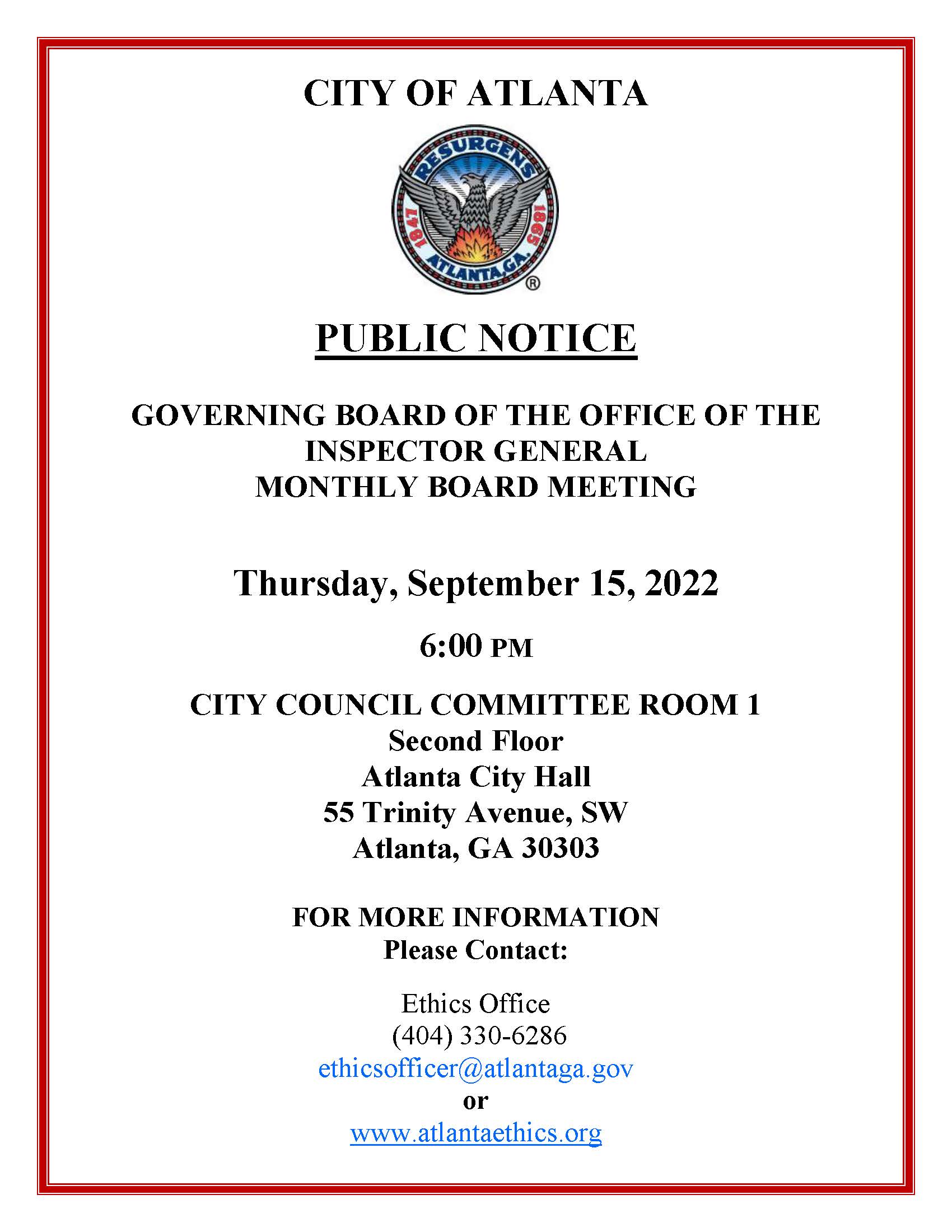 Office of Inspector General Monthly Board Meeting Public Notice 09152022