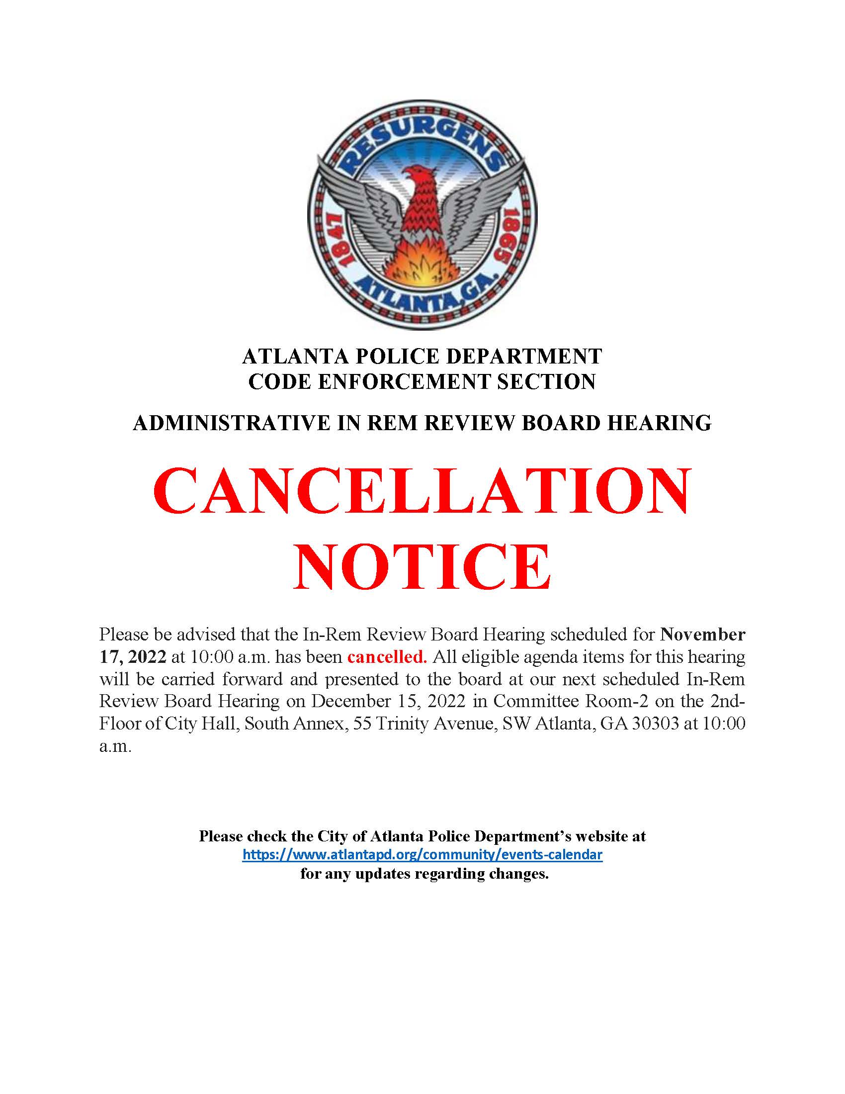 CANCELLATION__Website Publication__Administrative In Rem Hearing__November 17 2022