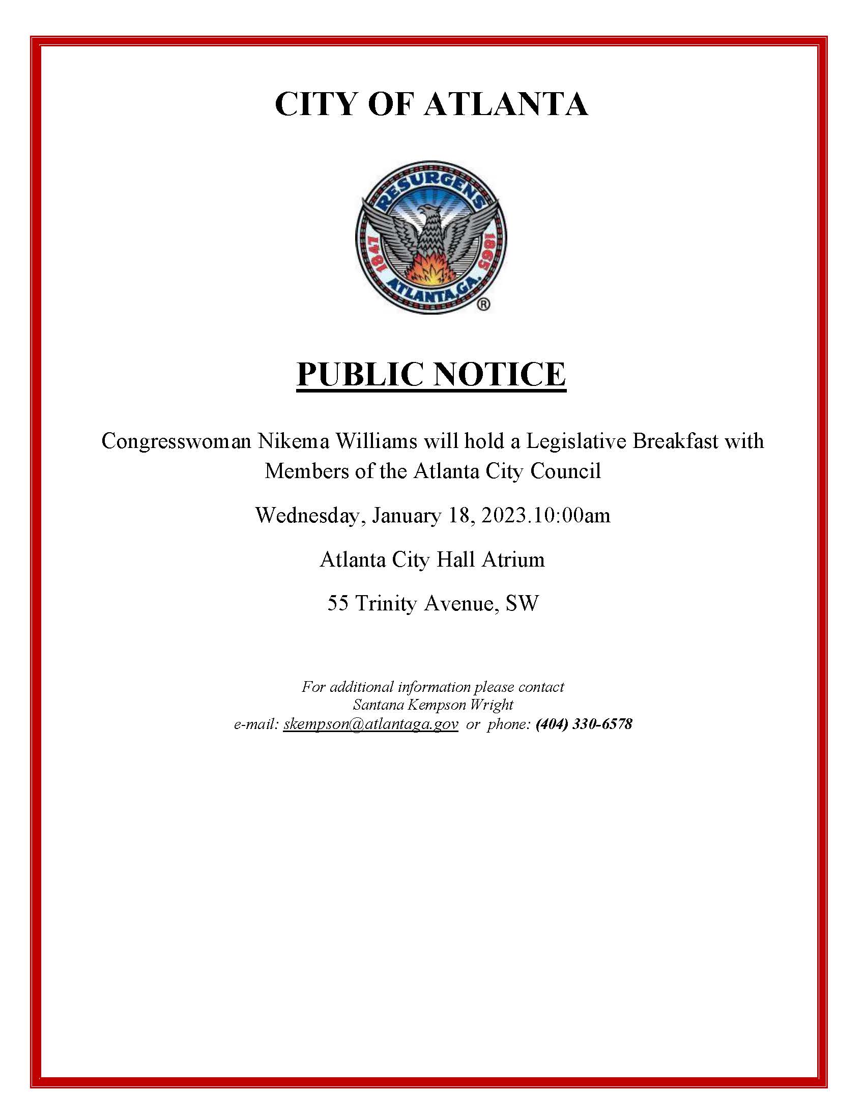 Public Notice -  Nikema Williams Legislative Breakfast Public Notice