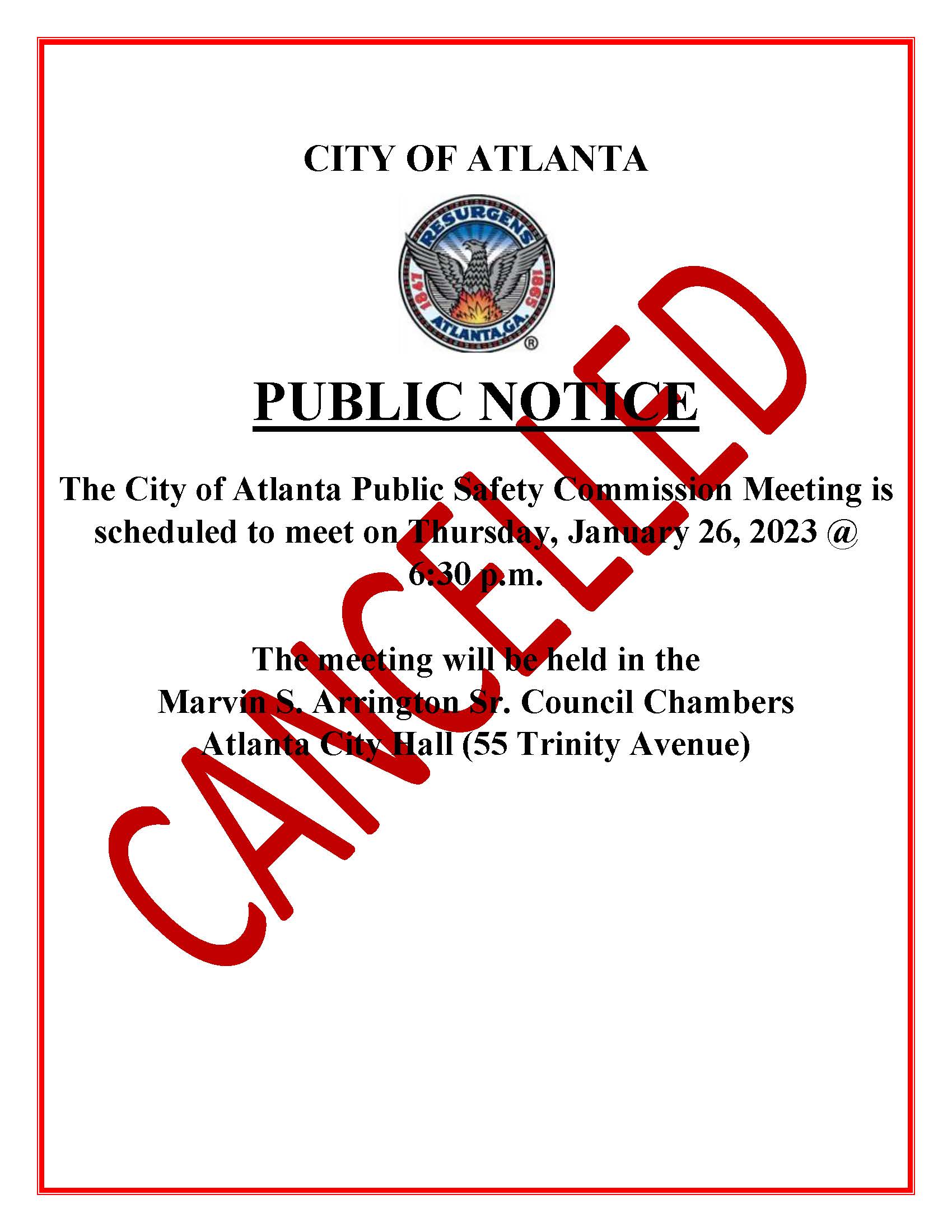 CANCELLED Public Notice - Public Safety Commission  Meeting. January 26 2023