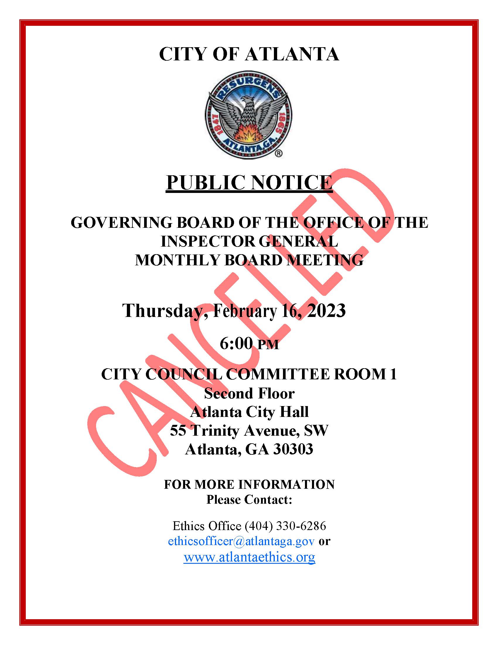 Cancelled Monthly Board Meeting Public Notice 02162023