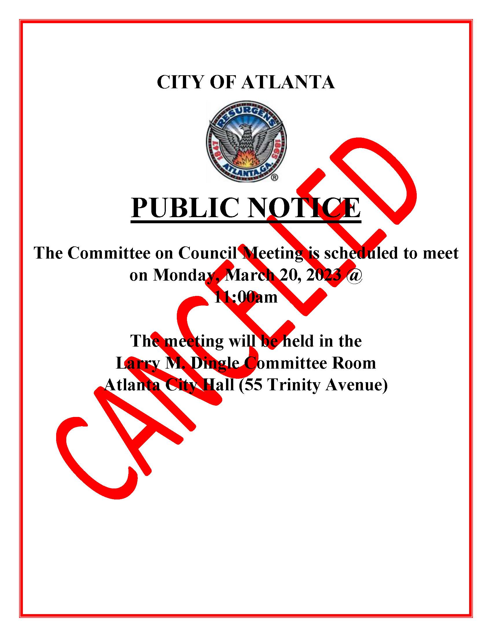 Public Notice CANCELLED  COC Meeting. March 20 2023