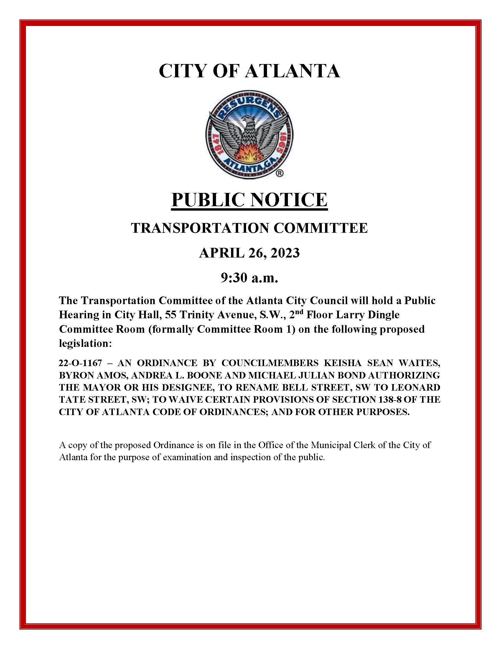 Public Notice - TC Public Hearing Notice - Bell Street renaming -22-O-1167